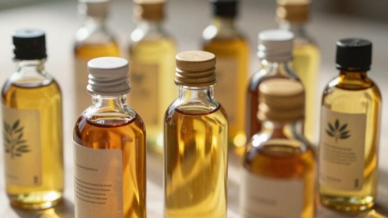 Bottles of cold-pressed oils with natural labels.