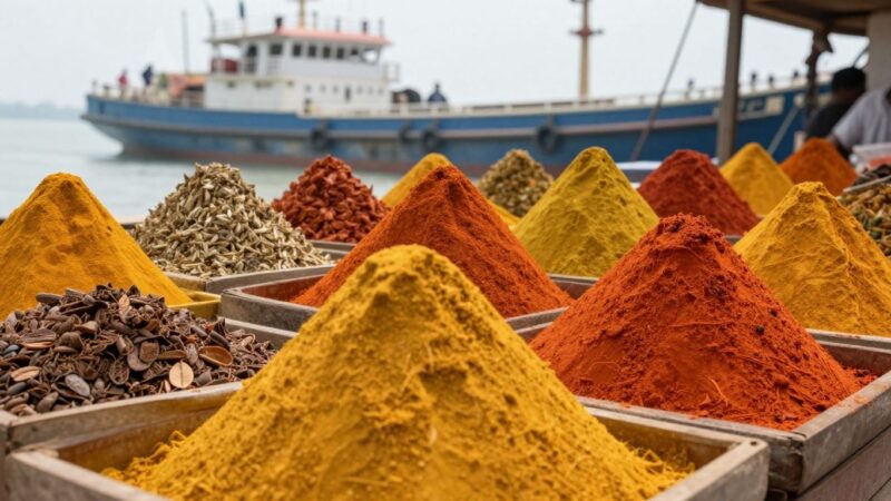 Indian spices and cargo ship for food export.