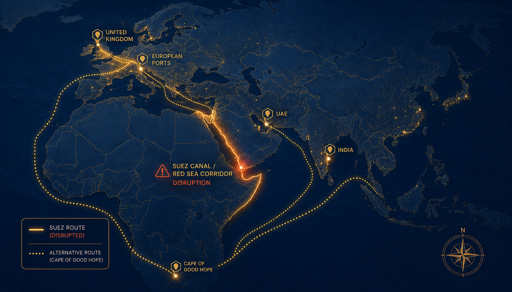 Trade route disruption — planned route vs detour path in supply chain logistics